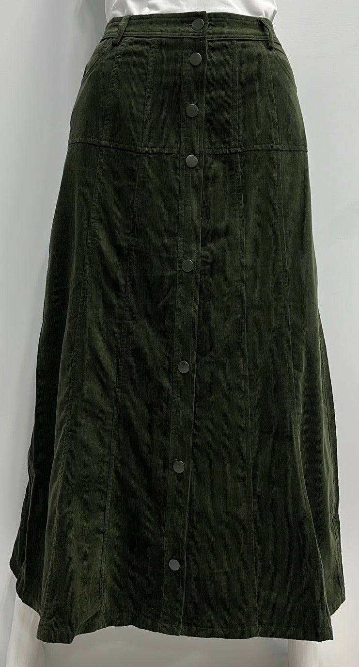 LATI TUDE BUTTON DOWN CORDUROY SKIRT W POCKETS-MIDI OLIVE