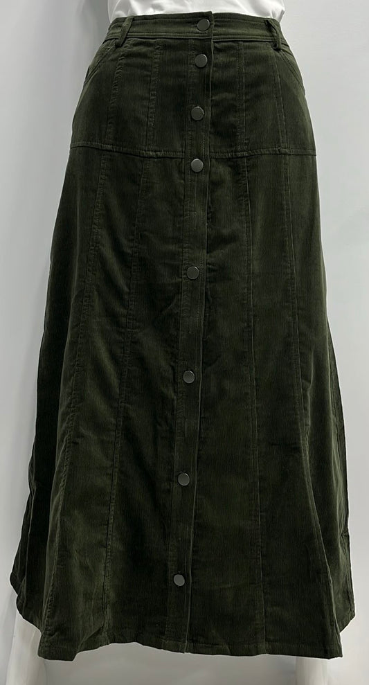 LATI TUDE BUTTON DOWN CORDUROY SKIRT W POCKETS-MIDI OLIVE