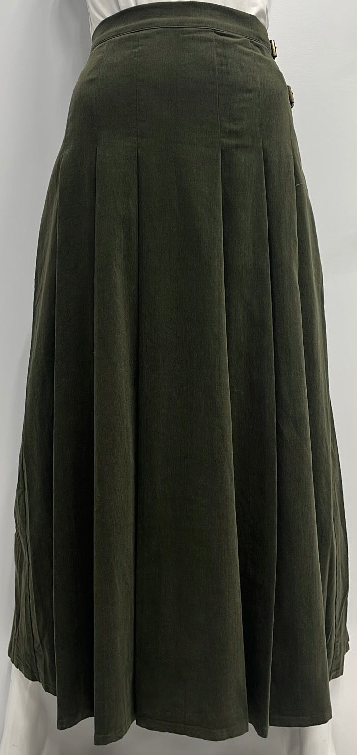 HONEYSEED SIDE BUCKLE CORDUROY PLEATED SKIRT-MIDI OLIVE
