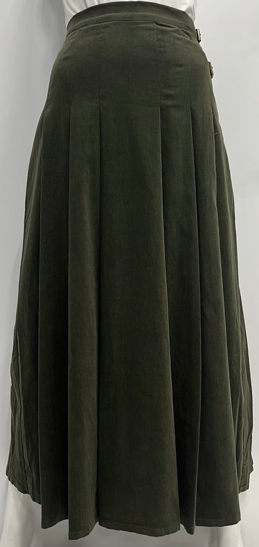 HONEYSEED SIDE BUCKLE CORDUROY PLEATED SKIRT-MIDI OLIVE
