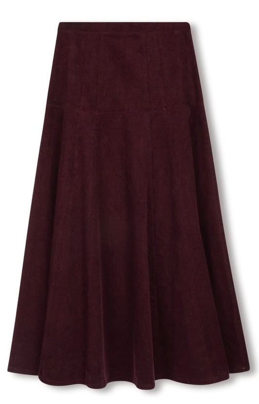 BEIGE CORDUROY PANELED YOKE SKIRT-MIDI BURGUNDY
