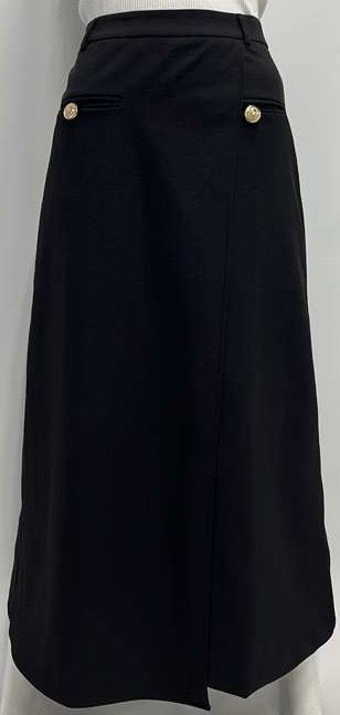 WEAR AND FLAIR WRAP SKIRT W FRONT POCKETS W GOLD BUTTONS-MIDI BLACK