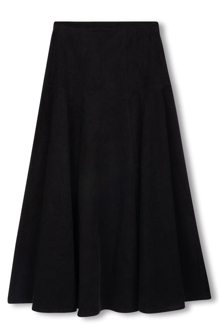 BEIGE CORDUROY PANELED YOKE SKIRT-MIDI BLACK