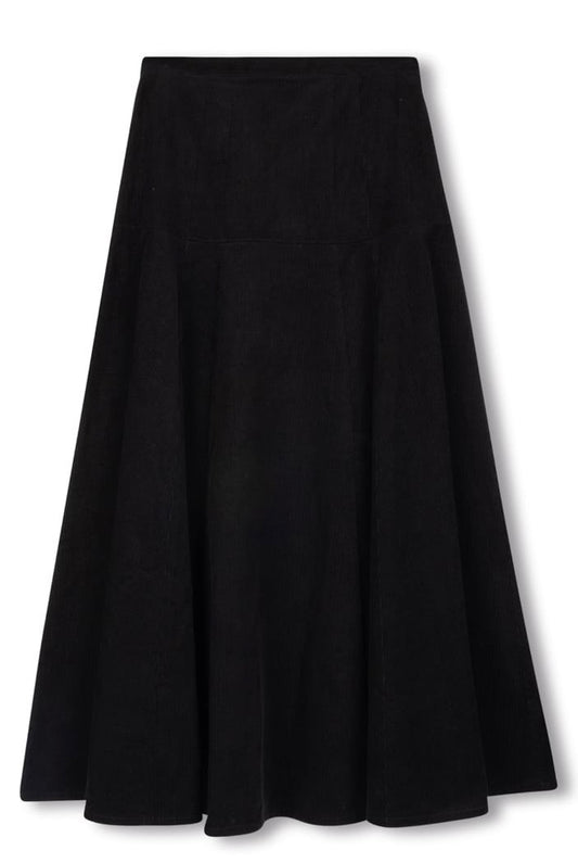 BEIGE CORDUROY PANELED YOKE SKIRT-MIDI BLACK