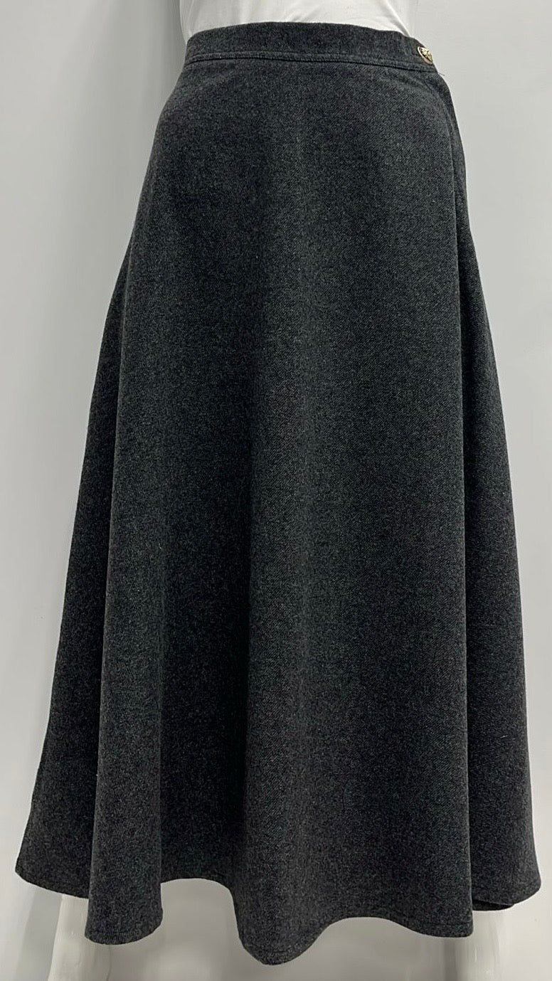 VIVA K FLAIRY WOOL SKIRT W SIDE BUTTON & ZIPPER-MIDI CHARCOAL