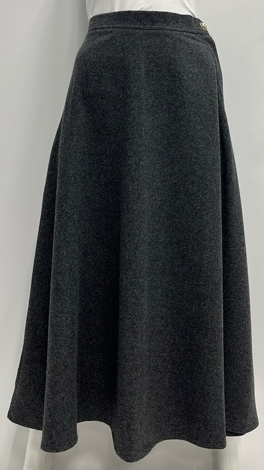 VIVA K FLAIRY WOOL SKIRT W SIDE BUTTON & ZIPPER-MIDI CHARCOAL