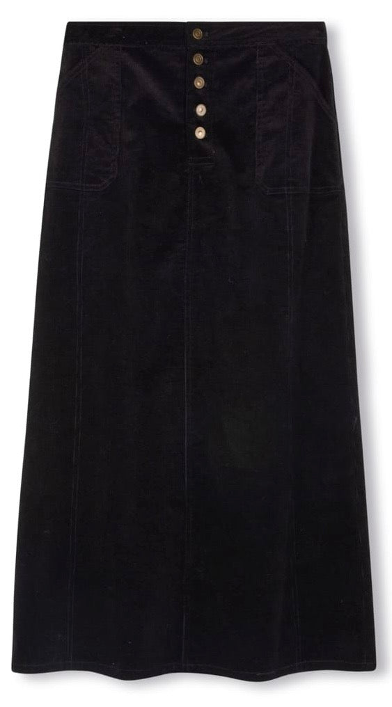 SLATE CORDUROY SKIRT W FRONT POCKETS & BUTTONS-MIDI BLACK